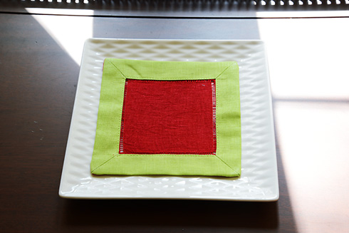 Multi Colored hemstitch cocktail napkin.Red & Bright Green color